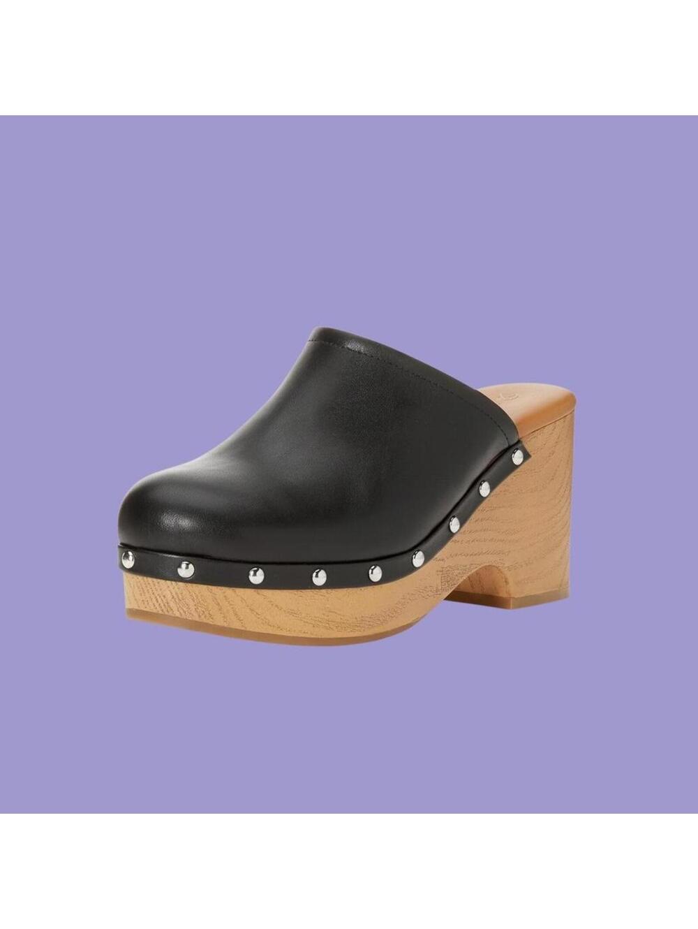 The Drop Black Leather Studded Wooden Clog Mules